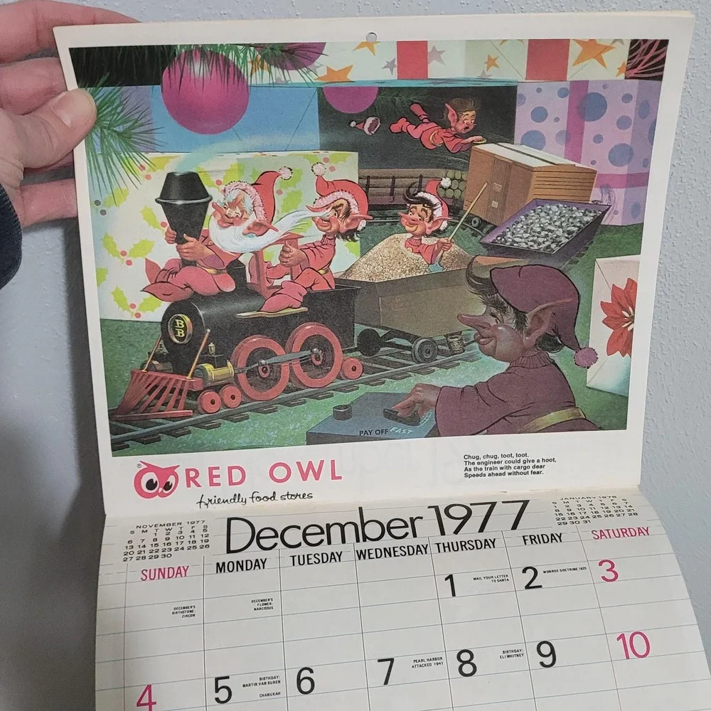 Vintage 1977 Red Owl Childrens Calendar 12 Month Elves‎ Wall Calendar Art